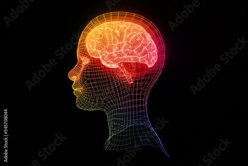 Mindfulness background with glowing colorful wireframe brain design. Modern colored head brain backdrop