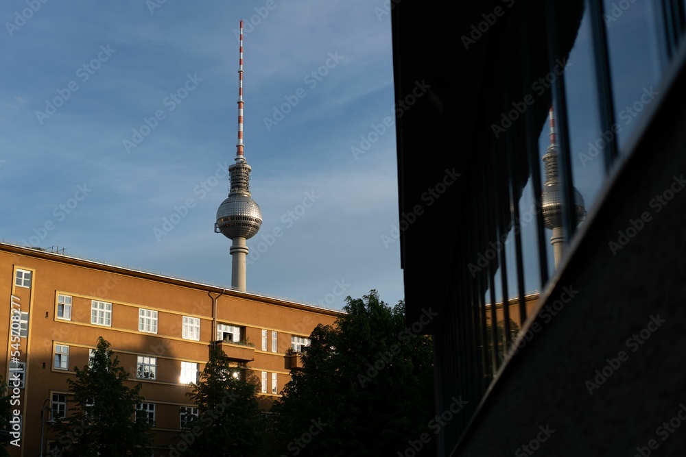 Fototapeta premium Berlin Television Tower in central Berlin, Germany in blue sky background