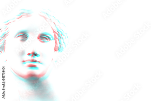 Antique sculpture of human face in artificial intelligence glitch art style. Modern creative concept image with ancient statue head.Contemporary neural network art poster.Funky punk collage design.