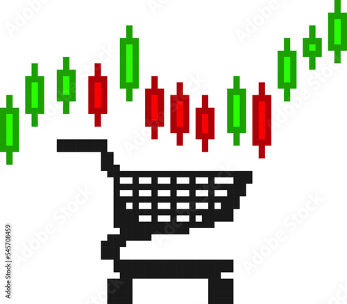 Financial analytics. Growth and decline of stocks  cryptocurrencies in the securities market. Shopping cart with red and green indicator icons on a isoleted background. Pixel retro style