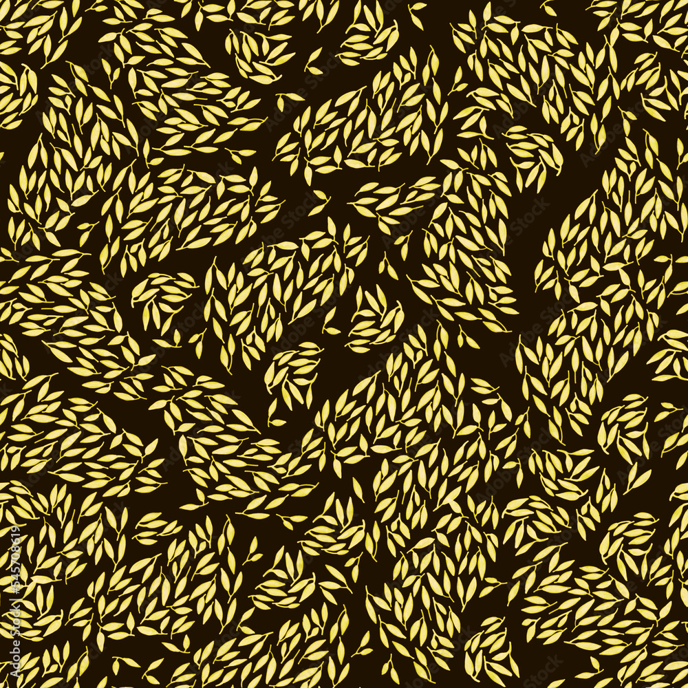 Hand drawn small leaves seamless pattern. Ink texture with foliage.