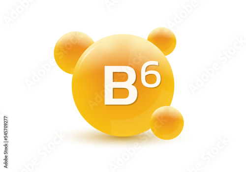 Vitamin B6 3d icon. Circle drop, capsule or pill isolated on white background. Molecule bubbles design. Vector illustration.