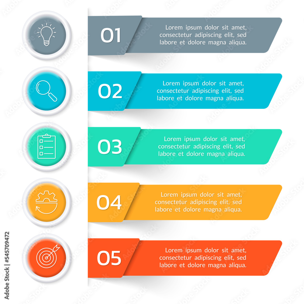 5 steps, option infographic. Menu, list design with business icons. Presentation, layout banner. Modern info graphic template. Vector illustration. 5 steps, option infographic. Menu, list design with business icons. Presentation, layout banner. Modern info graphic template. Vector illustration.