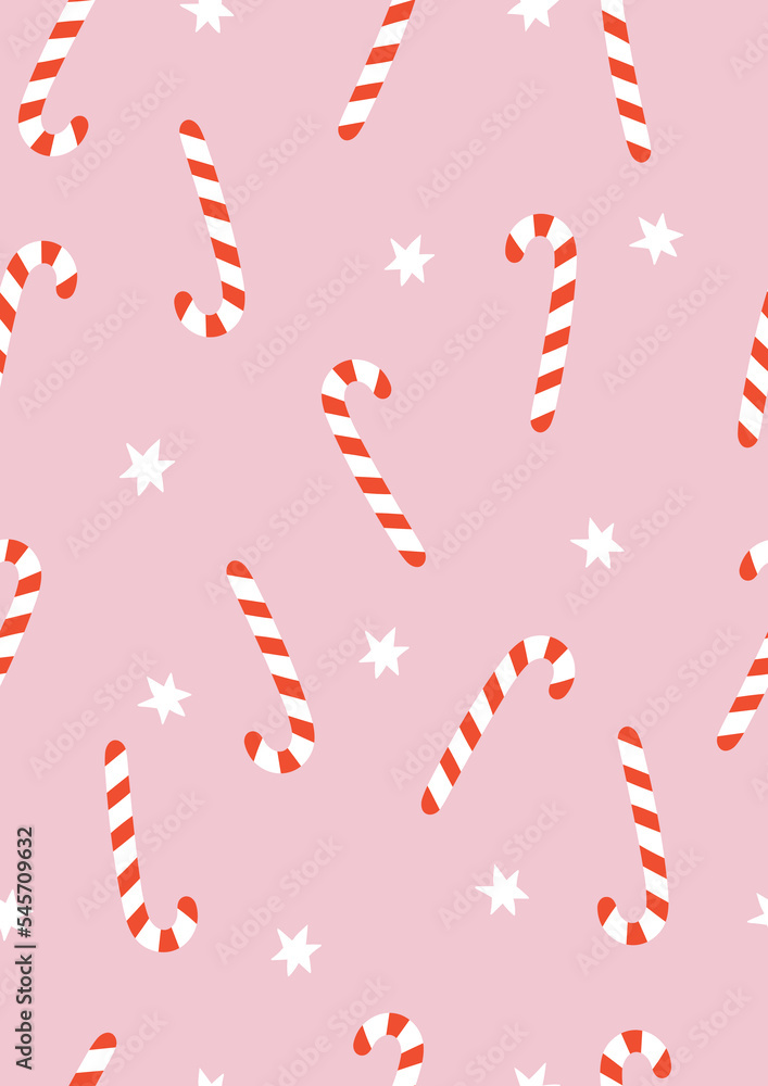 Seamless Vector Pattern With Candy Canes And Stars On A Pink Background. Isolated Elements. Cute Repeatable Design Ideal For Textile, Fabric Prints or Wrapping Paper. Seamless Vector Pattern With Candy Canes And Stars On A Pink Background. Isolated Elements. Cute Repeatable Design Ideal For Textile, Fabric Prints or Wrapping Paper.