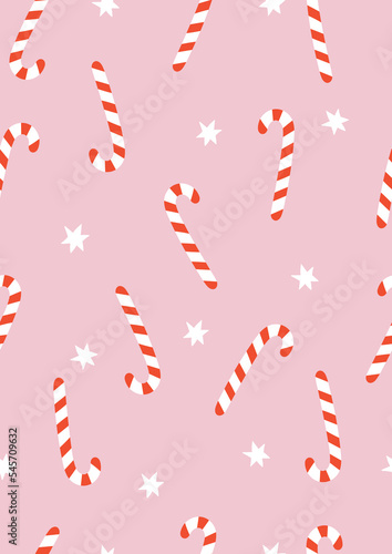 Seamless Vector Pattern With Candy Canes And Stars On A Pink Background. Isolated Elements. Cute Repeatable Design Ideal For Textile, Fabric Prints or Wrapping Paper.