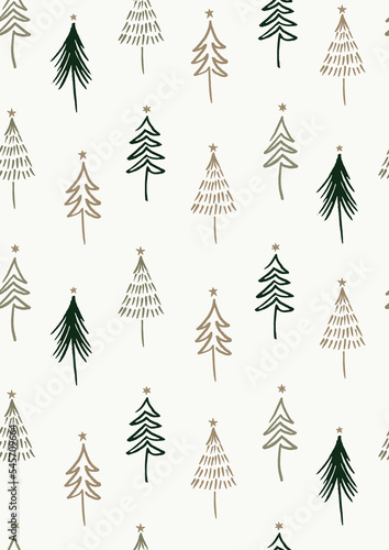 Seamless Vector Pattern With Hand Drawn Christmas Trees On Off-White Background. Ideal For Textile And Fabric Prints Or Wrapping Paper.