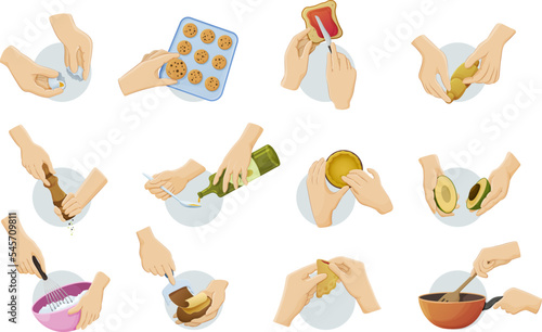 Set human hands preparing food. Cooking utensils with soup  eggs  meat  roll out dough  beat cream  cutting avocado and sprinkle spices.