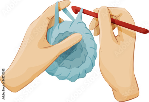Female hands crocheting with hook and thread, top view