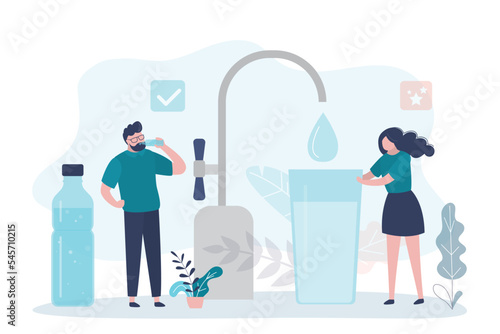Happy family, people drinking clean tap water, filter purifying liquid from pipe. Drinking water in glass. Healthy lifestyle. Pure bottled aqua. Drinkable stream.