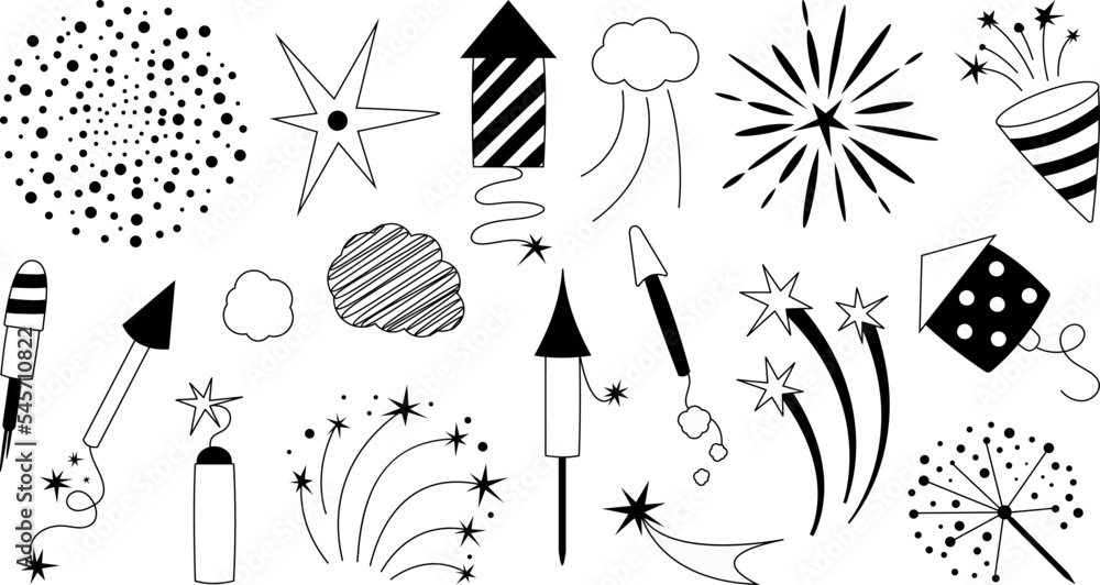 Simple fireworks and firecrackers collection. Black and white vector ...