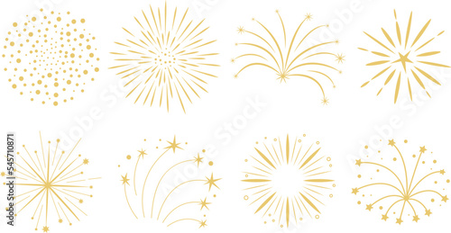 Set of gold fireworks. Collection of fest firecracker star. Simple vector fest decor. Elements for stickers, web, celebration, New year, anniversary, festival, birthday. Isolated on white