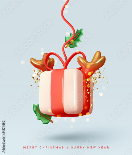 Christmas gift box with golden deer antlers hanging on red ribbon. Falling holly green leaves, gold glitter confetti, golden bokeh lights. Festive New Year present surprise design. Vector illustration