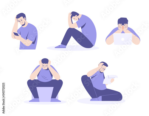 Set of depressed characters. Sad man read the news, work, are afraid. Psychotherapy. Upset man collection