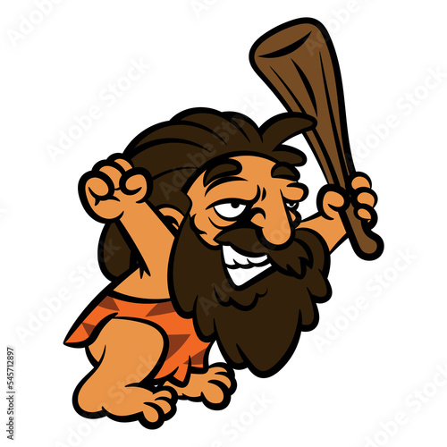 Cartoon illustration of dreadlock Caveman with bearded face, wearing animal skin outfit, hit the club for guarding cave from predator, best for sticker, mascot, and logo with stone age themes