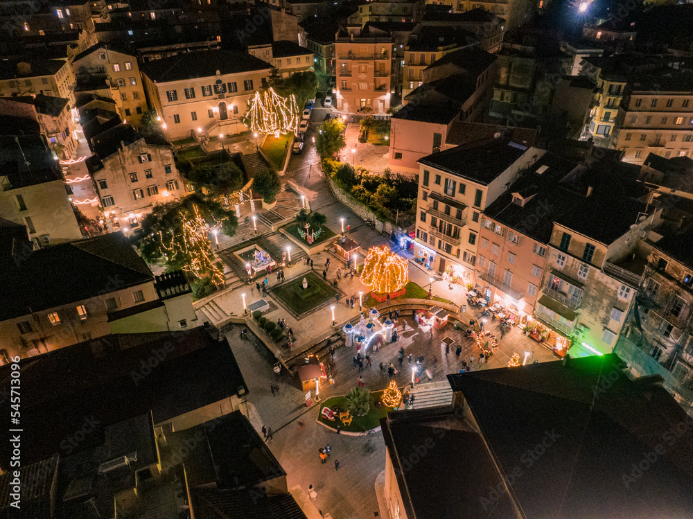 Aerial drone vew of beautiful christmas street in corfu greece