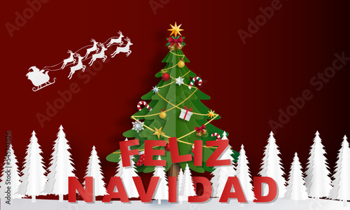 tarjeta o pancarta para una Feliz Navidad en rojo sobre un fondo burdeos degradado con en el centro un árbol de Navidad verde en la parte inferior de los abetos blancos y en la parte superior el trine