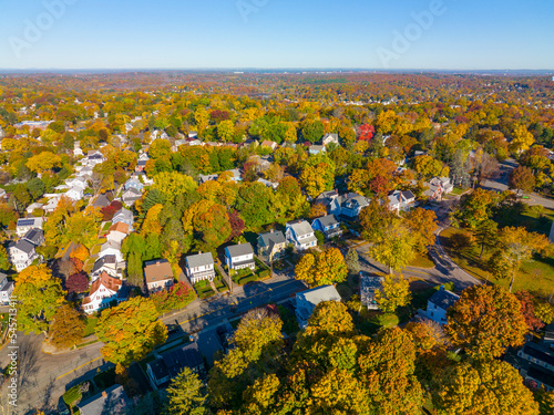 Фотография Arlington Heights suburban landscape aerial view in fall in historic town of Arlington, Massachusetts MA, USA