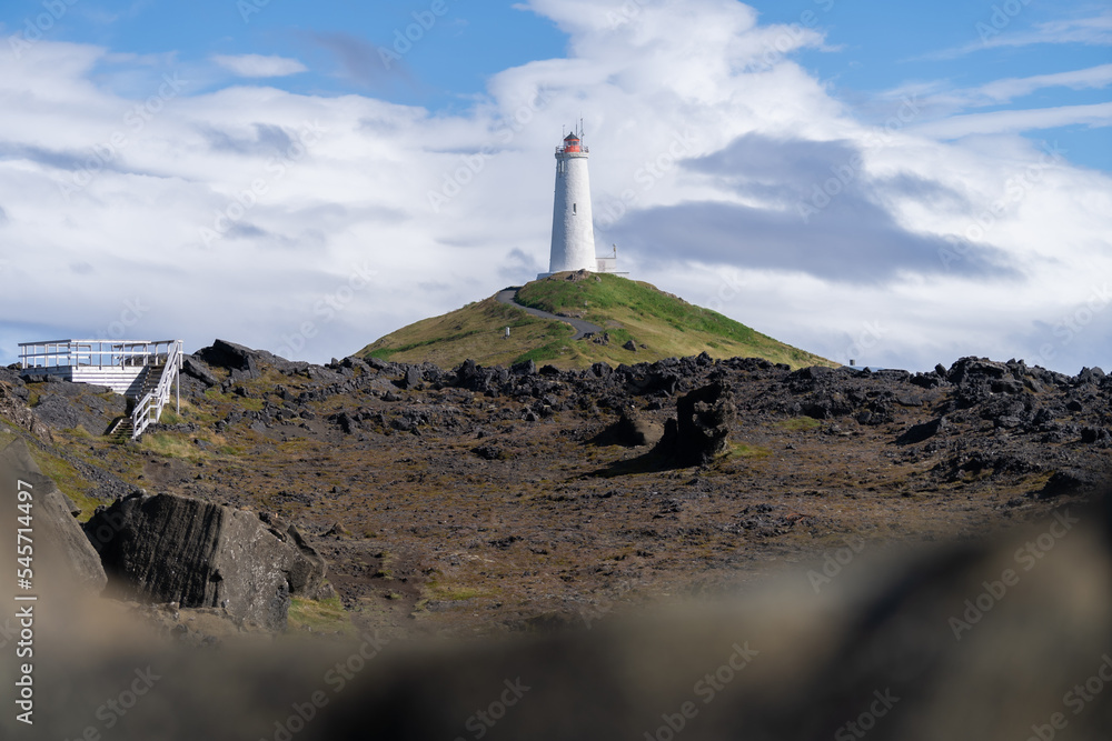 Reykjanes lighthouse on top of hill at Reykjanes peninsula, Iceland, Europe