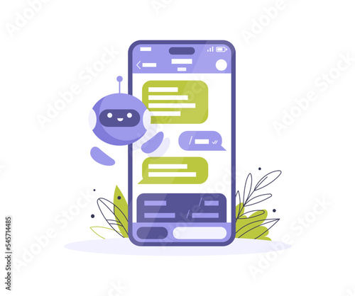 Chat with a bot on a smartphone screen. Cute robot character smiles and flies. Chatbot, virtual assistant. Isolated flat illustration on a white background