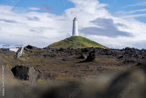 Reykjanes lighthouse on top of hill at Reykjanes peninsula  Iceland  Europe