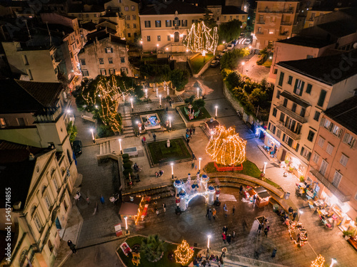 Aerial drone vew of beautiful christmas street in corfu greece