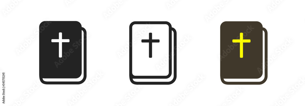 Bible book with cross outline icon on white background. Holy scripture ...