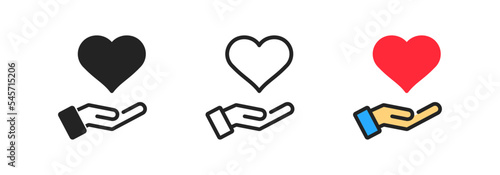 Hand holding red heart icon on white background. Medical care concept. Symbol of family and love. Flat design.