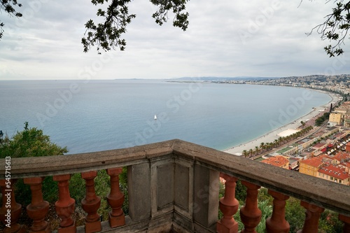 Promenade des Anglais balcony, bay on the background with a white boat