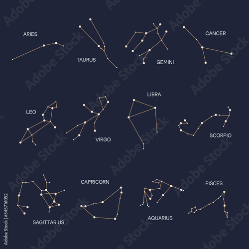 Zodiac horoscope stars constellation space symbol, mystic astrology night sky map. thin line design vector illustration