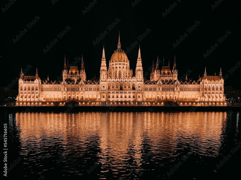 Hungarian Parliament Building reflected in the Danube river at night
