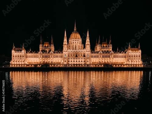 Hungarian Parliament Building reflected in the Danube river at night