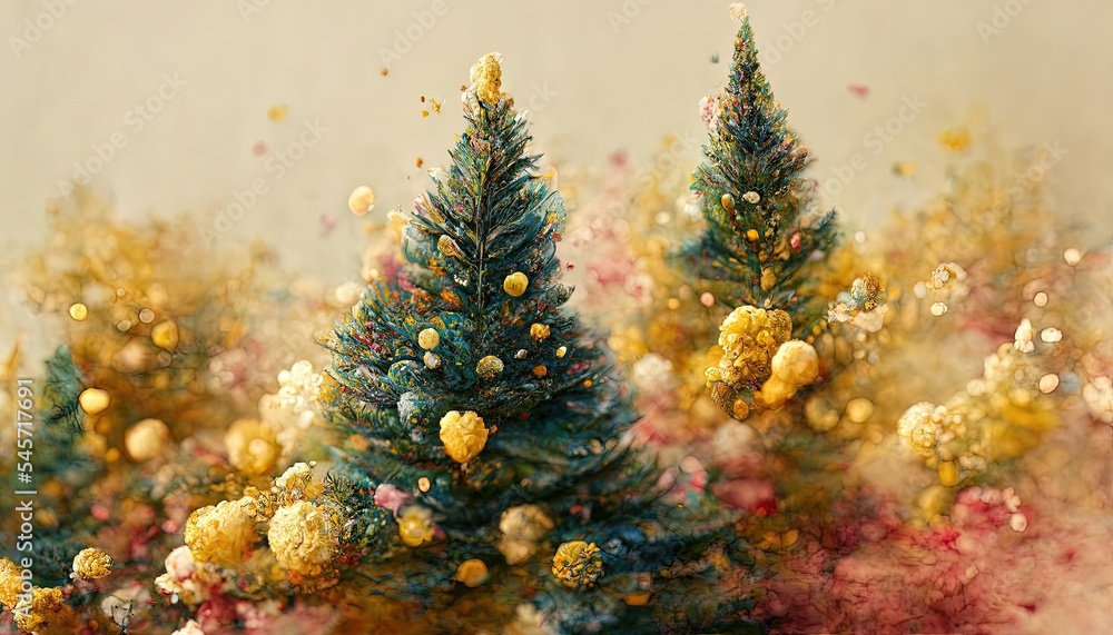 Fototapeta premium Abstract festive colorful background with Christmas trees and New Year decorations. Golden Background for a festive New Year's winter card.