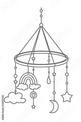 Hanging Mobile baby Toy. Vector illustration for kid bed. Drawing for newborn shower. Object with clouds, stars and moon for happy childhood. Cute sketch in outline style on isolated background.