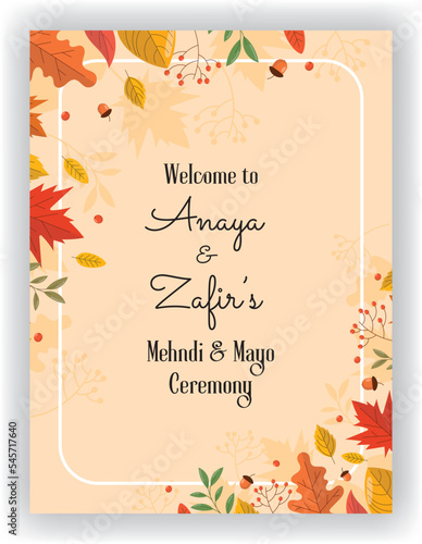Modern abstract autumn season wedding poster invitation, leaf autumn fall background for wedding invitation, autumn colours (ID: 545717640)
