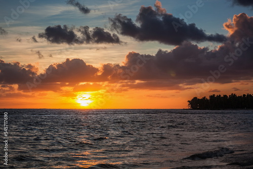 Beautiful sunrise at sea. Dawn on the Atlantic ocean. The sun is