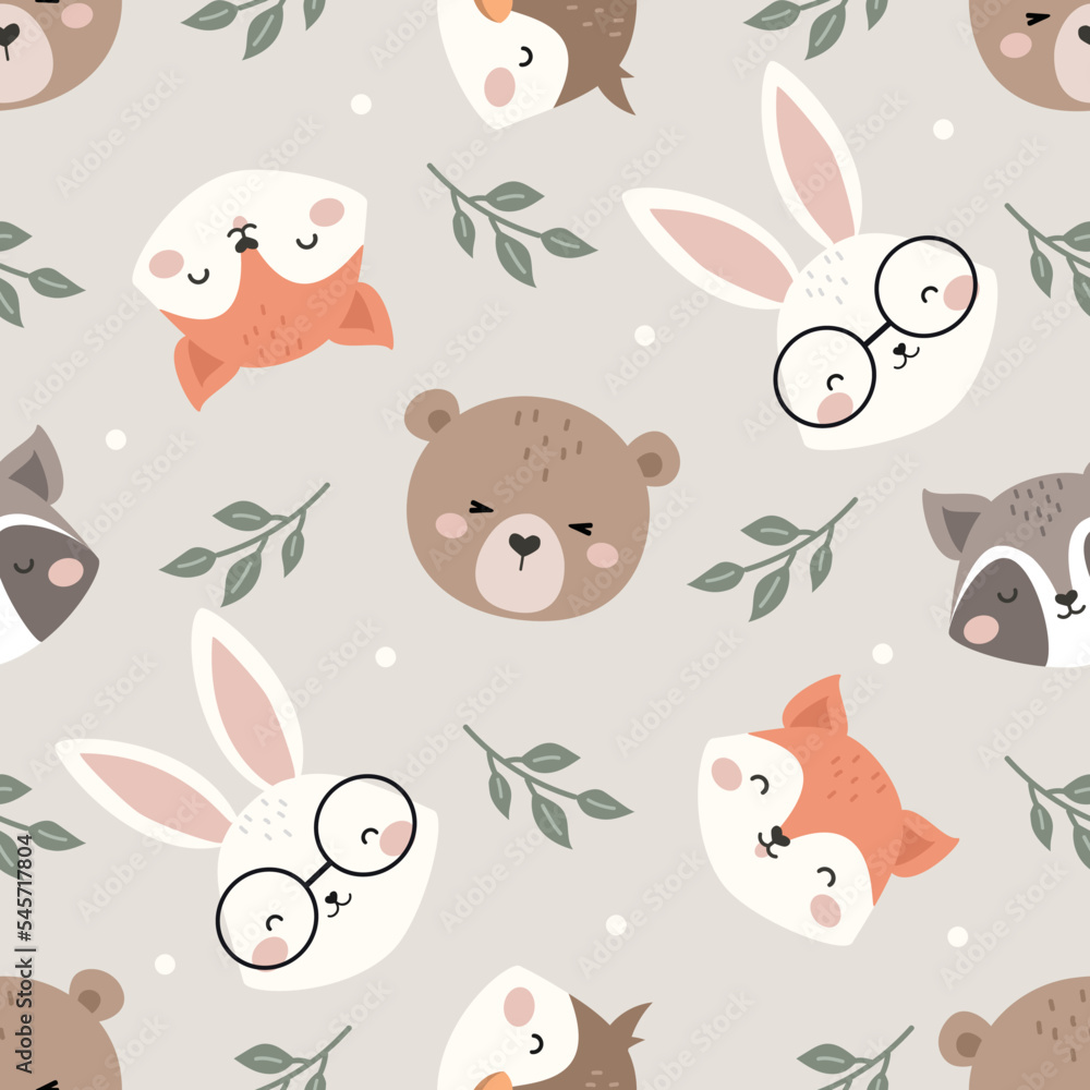 Cute Woodland Animals seamless pattern. Childish Cartoon Animals Background. Cute Cartoon fox, racoon, bear, rabbit, and owl. design for background, wallpaper, fabric, textile and more.