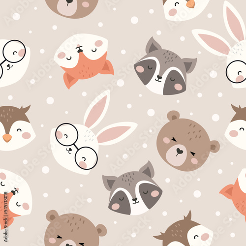 Cute Woodland Animals seamless pattern. Childish Cartoon Animals Background. Cute Cartoon fox, racoon, bear, rabbit, and owl. design for background, wallpaper, fabric, textile and more.