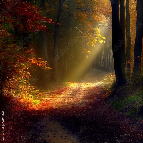 Sch  ne Herbstlandschaft mit gelben B  umen und Sonne. Farbiges Laub im Wald. Sonnenbeschienener Pfad. Fallende Bl  tter  nat  rlicher Hintergrund
