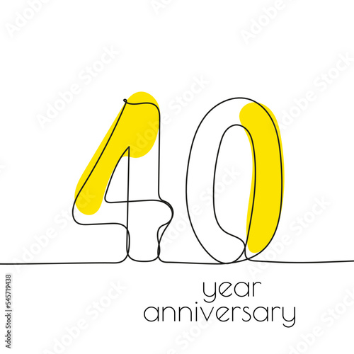 40 year anniversary. Vector illustration 40th hand drawn with continuous line.
