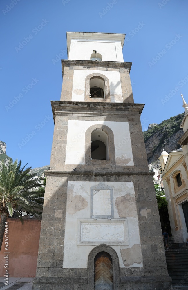 Vertical shot of a bell tower of the church of Santa Maria Assunta in Positano, Amalfi Coast, Italy