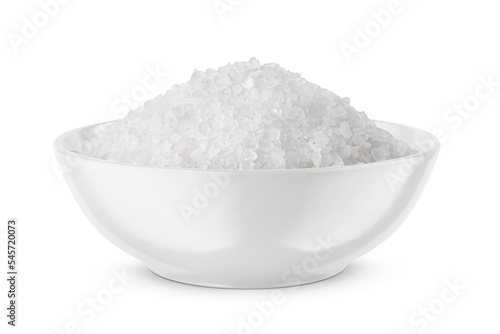 Coarse sea salt in white bowl isolated on white. Front view. photo