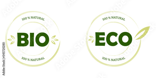 Eco, bio, organic and natural products sticker, label, badge and logo. Ecology icon. Logo template with green leaves for organic and eco friendly products. Vector illustration