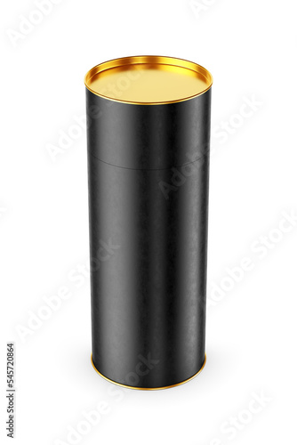 Black paper tube or cardboard cylinder box package isolated. 3D rendering. © Kuzmick