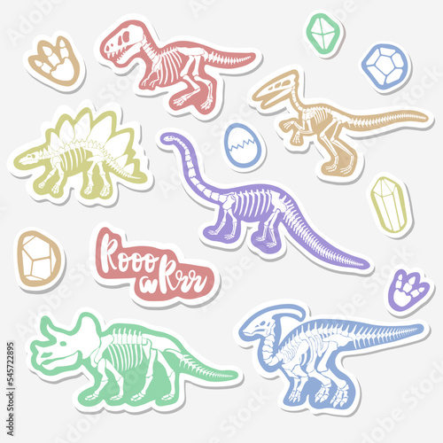 Vector sticker set with dinosaur skeleton isolated on a white background.