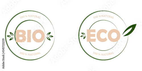 Eco, bio, organic and natural products sticker, label, badge and logo. Ecology icon. Logo template with green leaves for organic and eco friendly products. Vector illustrationEco, bio, organic and nat