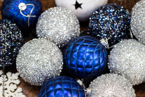 Blue and silver ornaments with snowflakes