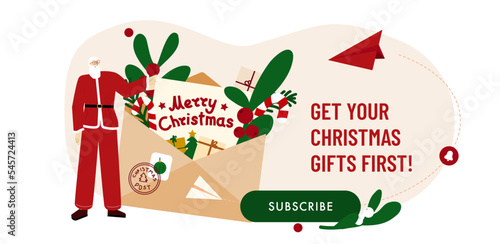 Christmas message banner.  Vector illustration for for New Year newsletter. Santa Claus with Open red envelope, flowers, branches and lollipop. Holiday template with text Merry Christmas.