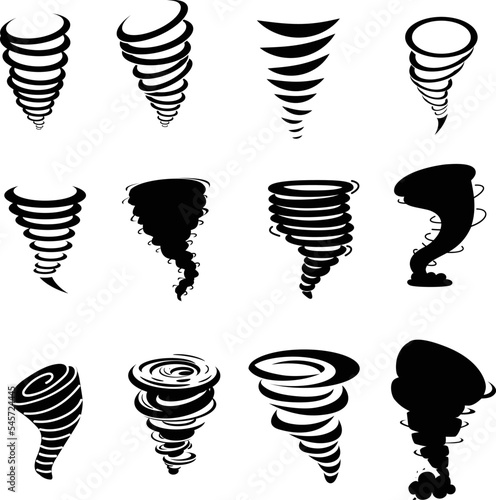 Vector illustration of black tornado symbol in various shapes on a white background