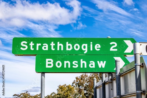 A directional sign pointing toward Strathbogie Road and Bonshaw, in New South Wales, Australia photo