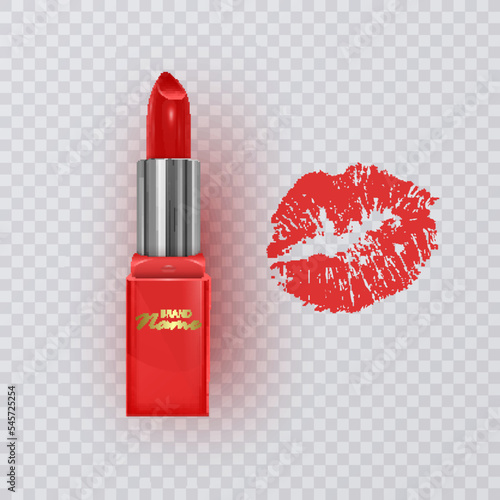 Red Lipstick - isolated on White background. 3D Realistic Vector Lipstick template Illustration.